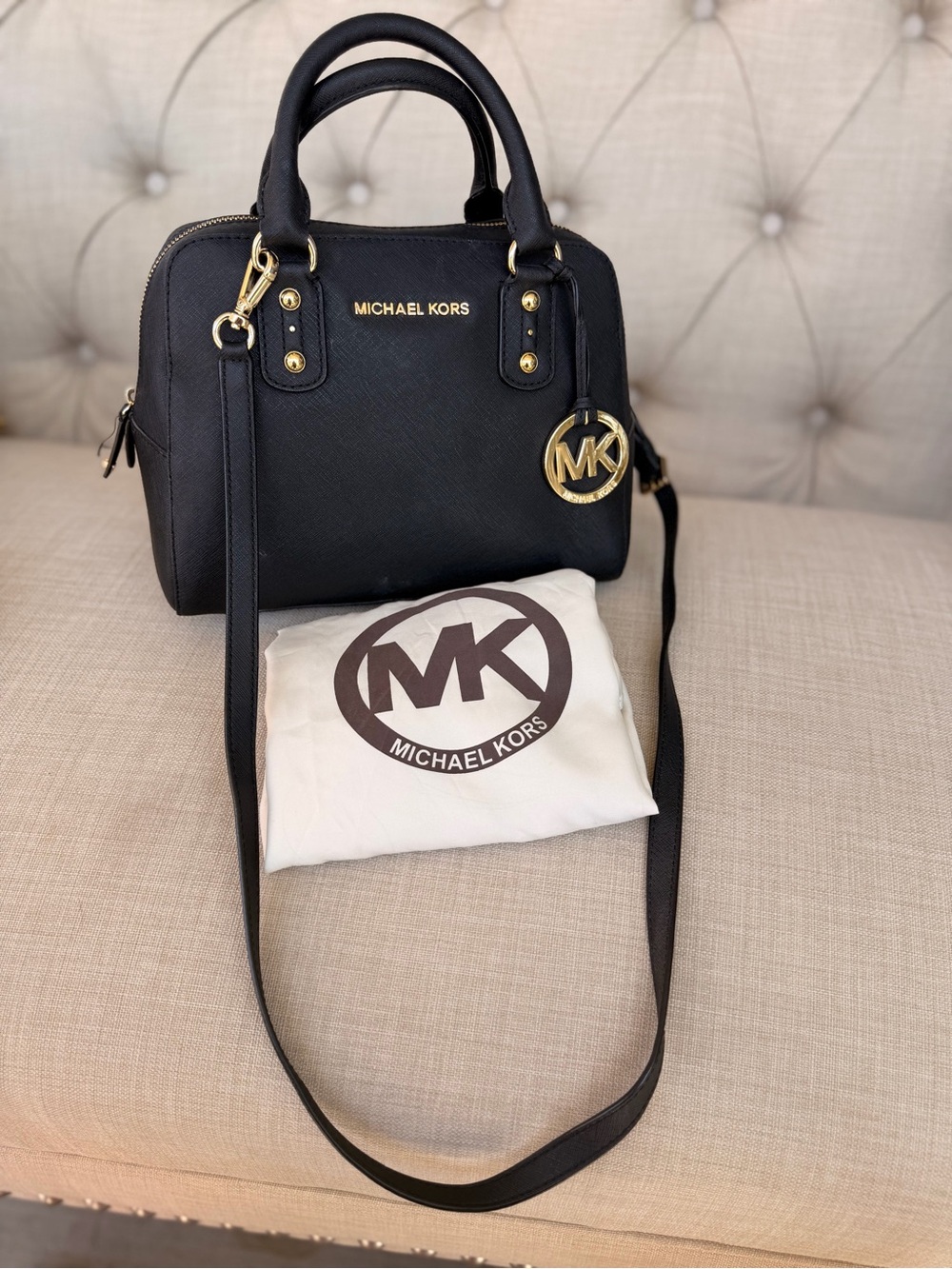 Michael Kors Black Saffiano Leather Dome Crossbody with Gold MK Charm